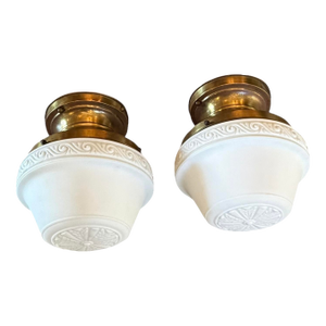 1910s Pair of Beaux Arts Matte Cased Glass Ceiling Light Fixtures on Original Brass Holders