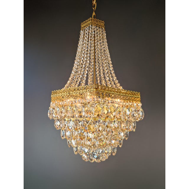 Metal Pair of1950s Brass Empire Sac a Pearl Chandelier Crystal Lustre For Sale - Image 7 of 12
