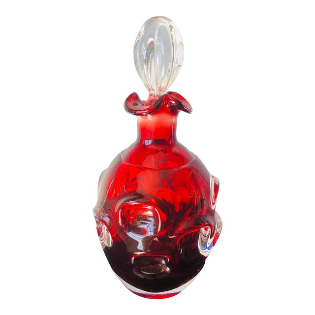 Mid 20th Century Mid-Century Murano-Style Hand-Blown Red Art Glass Decanter With Clear Stopper For Sale