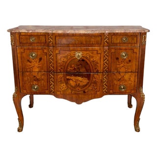 19th Century French Louis XV Style Inlaid Commode With Bronze & Marble Top. For Sale
