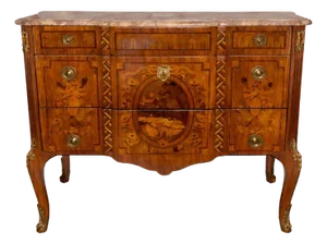 19th Century French Louis XV Style Inlaid Commode With Bronze & Marble Top.