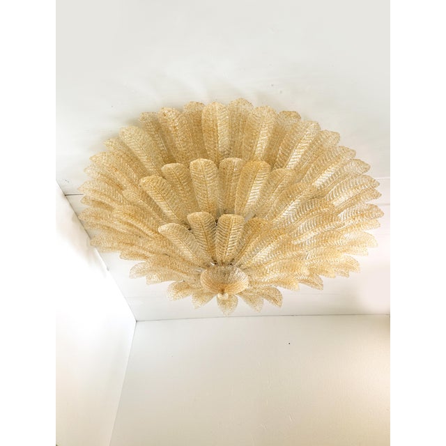 Mid-Century Modern Imperial Luxury Venetian Amber ” Leaves Graniglia” Murano Glass Flush Mount For Sale - Image 3 of 4