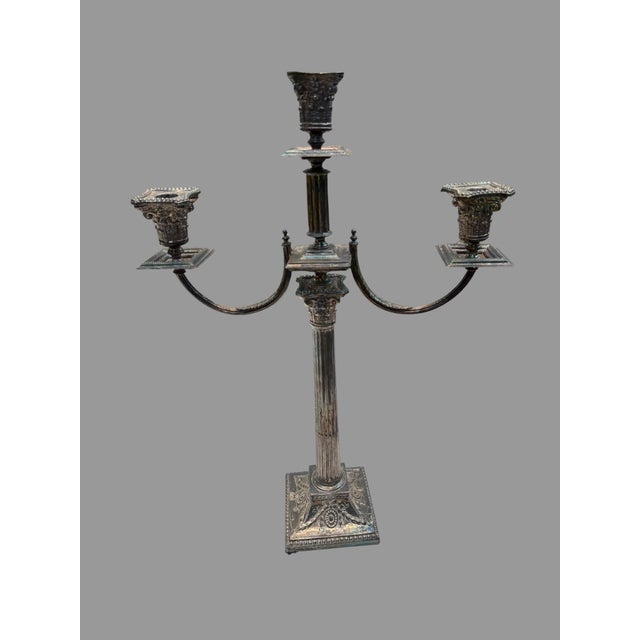 Antique Silverplate Candelabra Pair 3 Light Corinthian Column 22” Tall Ornate For Sale - Image 4 of 10
