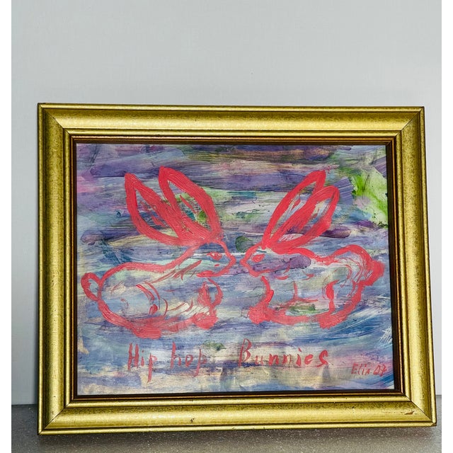 Mixed media abstract contemporary sketch Kissing Bunnies from Moon By nines series by Elia, in a gold tone frame.