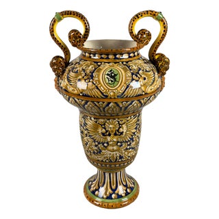 Mid-Century Modern Hand-Painted Majolica Amphora Vase by Gualdo Tadino For Sale