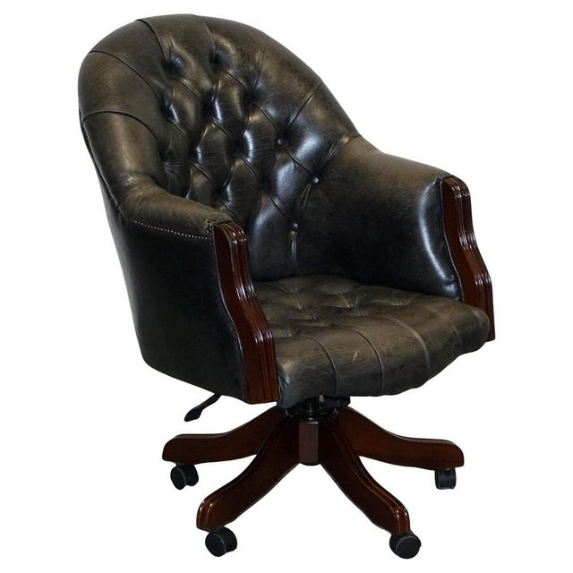 Vintage Chesterfield Dark Aged Grey Leather Directors Swifel Captains Chair For Sale - Image 16 of 16