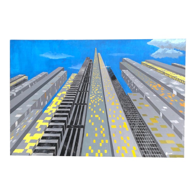 Vintage Original Skyscraper Painting Signed 1970’s For Sale