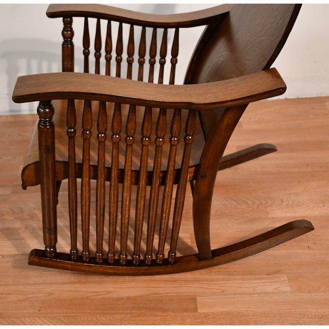 Wood 1900s Antique Mission Arts & Crafts Tiger Oak Wood Rocking Chair For Sale - Image 7 of 10
