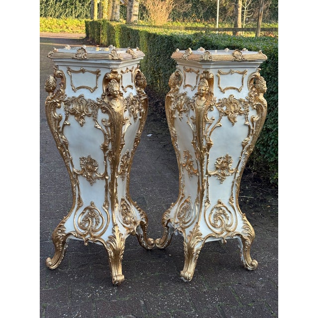 Plastic Late 20thC Italian Baroque Cream Gold Pedestals Pair For Sale - Image 7 of 18
