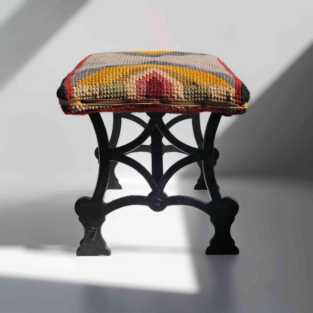 Mid 20th Century Iron Bench With Wool Geometric Design Upholstered Seat For Sale In Providence - Image 6 of 6