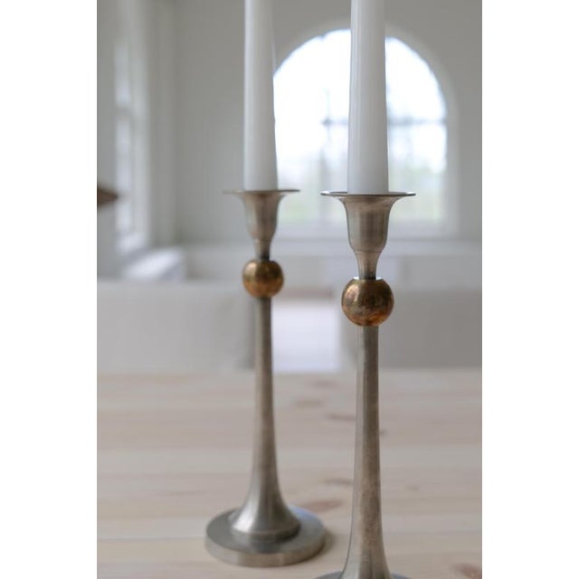 Silver Art Deco Candleholders in Pewter and Brass, Sweden, 1930s, Set of 2 For Sale - Image 8 of 9