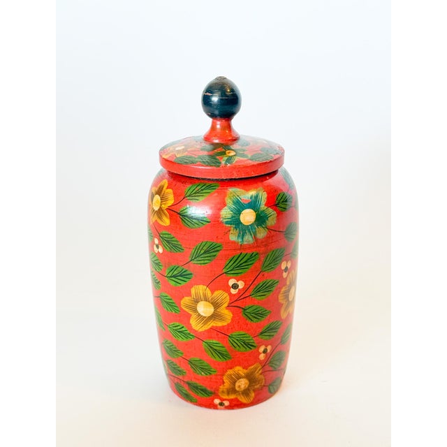 Wood Vintage Wooden Hand Painted Floral Jar With Lid For Sale - Image 7 of 7