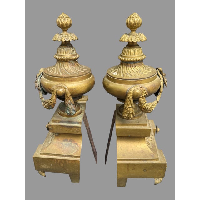 Pair of Antique French Bronze Fireplace Chenet Andirons With Maiden Heads For Sale - Image 9 of 10