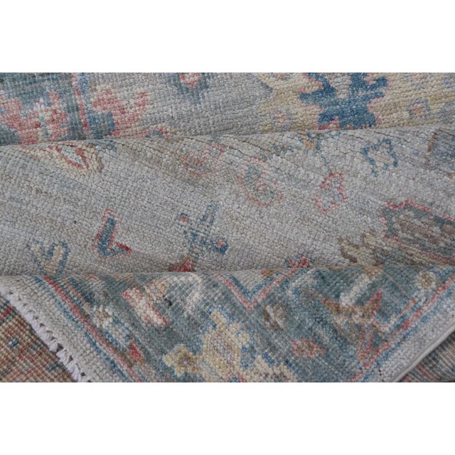 Hand Knotted Modern Oushak Runner on Light Gray Field and Colorful Motifs For Sale - Image 10 of 11