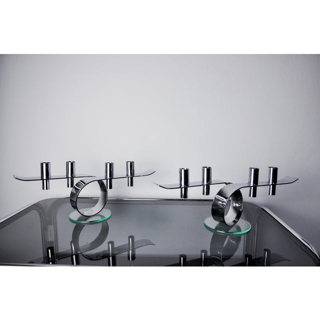 Silver Space Age Four-Flame Candlesticks in Glass and Metal, 1980, Set of 2 For Sale - Image 8 of 8