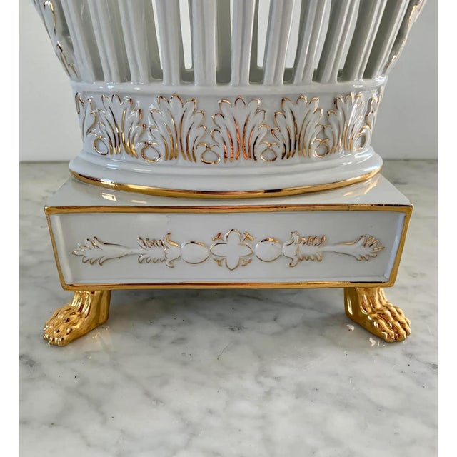 Late 20th Century Pair of Reticulated Porcelain Baskets With Gilt Detail and Lion Paw Feet For Sale In South Bend - Image 6 of 11