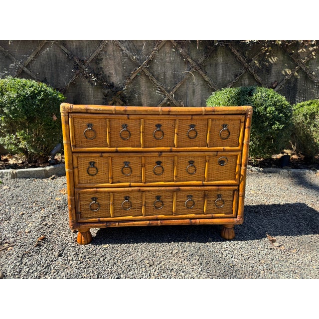 1980s Handsome Faux Bamboo and Rattan Vintage Chest of Drawers For Sale - Image 5 of 12