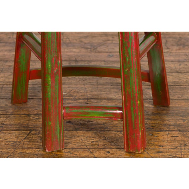 Wood Japanese Late Meiji Period Red and Green Lacquered Stool with Semicircular Seat For Sale - Image 7 of 13