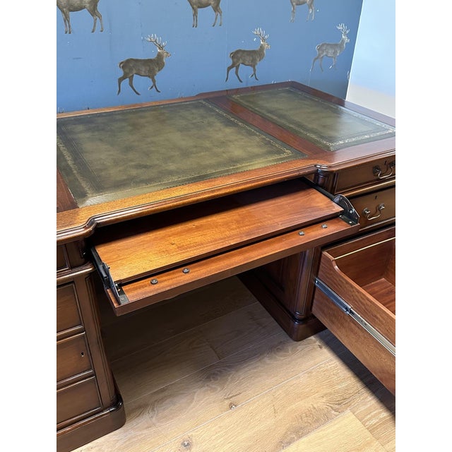 Large Mahogany Desk with Green Leather Top, 1990s For Sale - Image 6 of 18