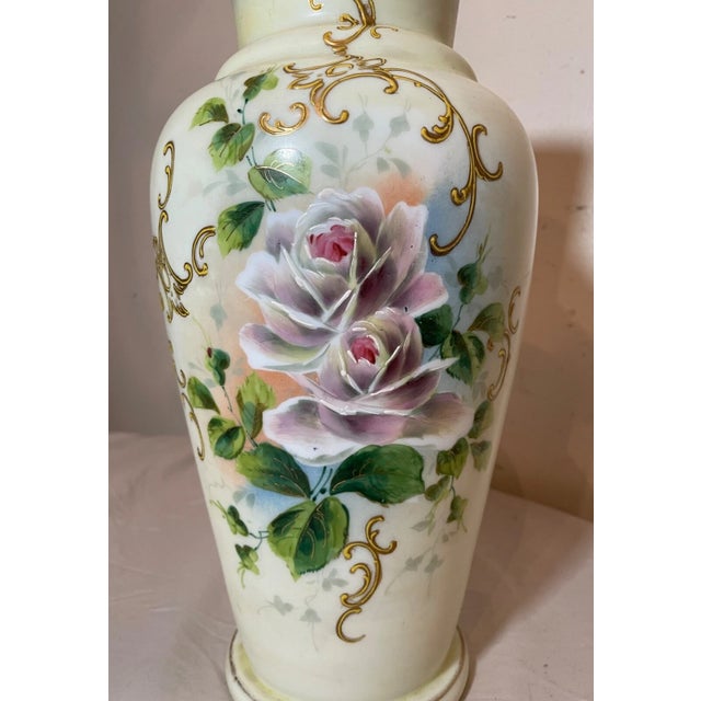 Tall Antique Hand Blown Painted Milk Bristol Glass Enamel Enameled Flower Vase For Sale - Image 11 of 11