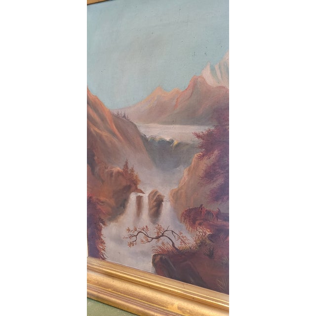 Sky Blue Rare 19th Century Oil Painting Hudson Valley Indian Chief Landscape For Sale - Image 8 of 14