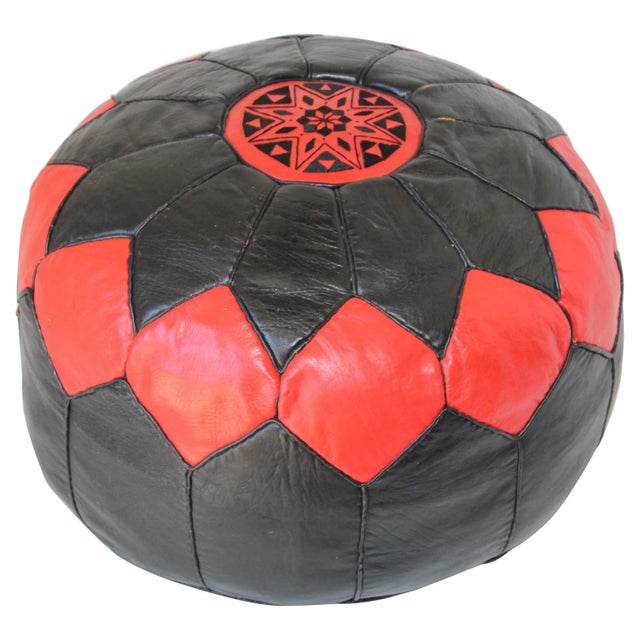 Moroccan Round Red and Black Leather Pouf Hand-Tooled in Marrakesh For Sale - Image 12 of 12
