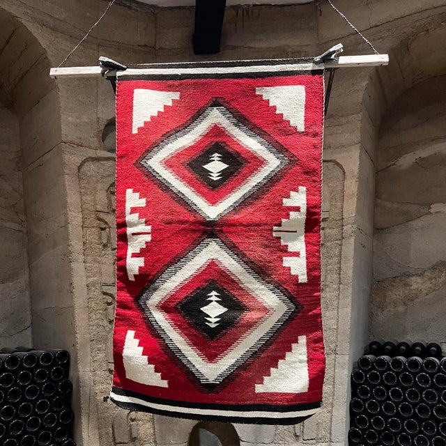 For your consideration, a vintage style handwoven Navajo American Indian flat weave textile. It features a striking...