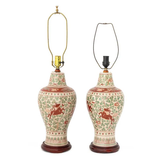 Chinese Pair of Chinese Porcelain Baluster Urn Lamps For Sale - Image 3 of 3