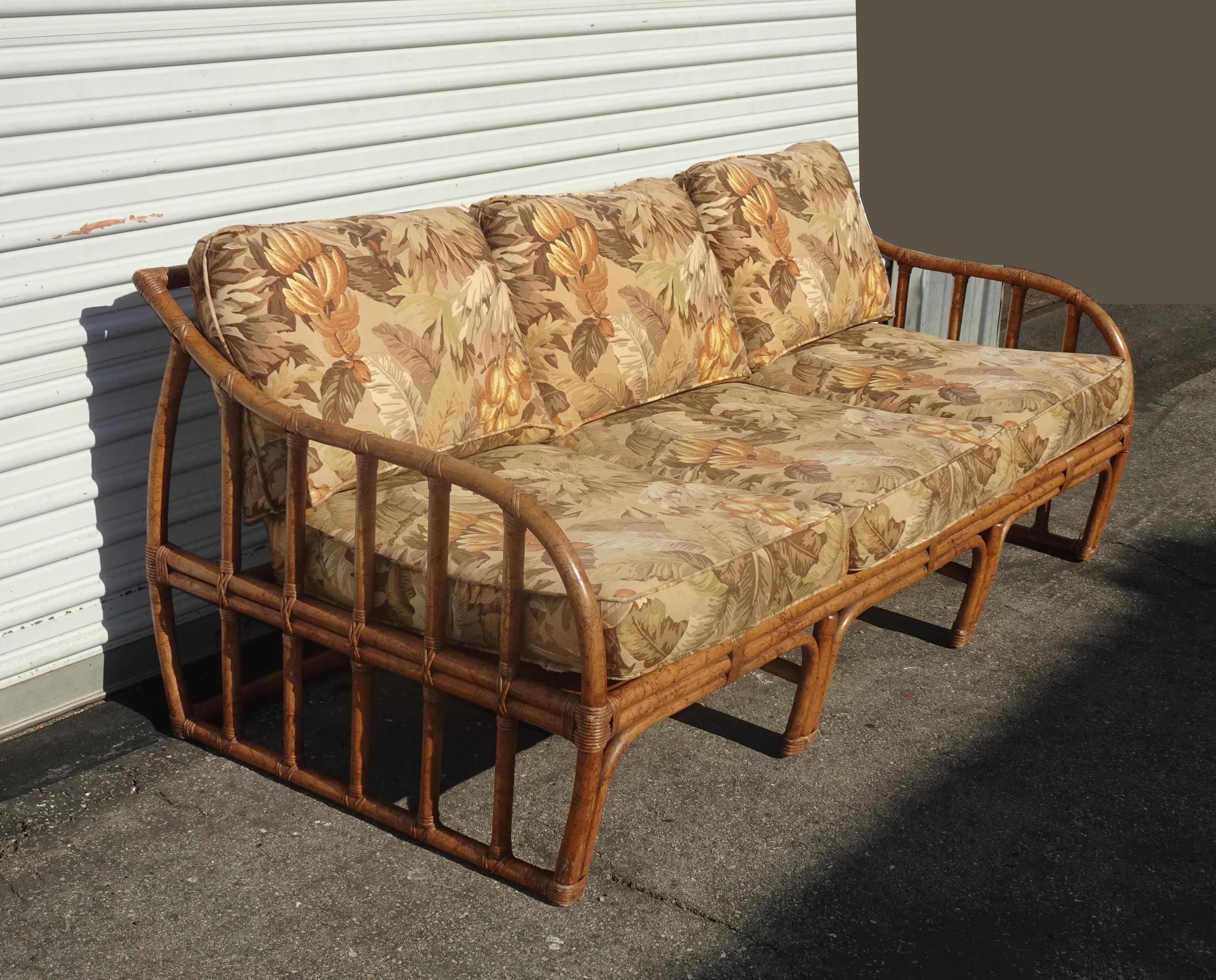 Vintage Mid Century Modern Bamboo Rattan Ficks Reed Brown Floral Sofa Settee Furniture Home Living