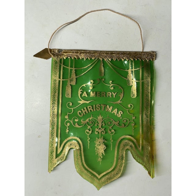 Plastic Rare Antique Victorian Merry Christmas Celluloid Green Banner Holiday Decor For Sale - Image 7 of 15