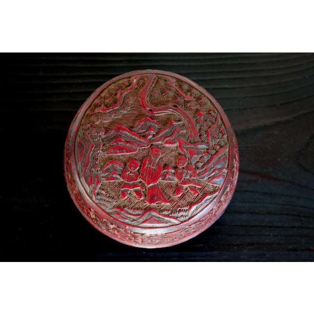 Three Wise Men sitting under the Bodhi Tree with Mountains. Ancient Cinnabar bowl exudes history. Exact age and provenance...