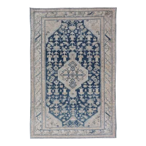 Mid Night Blue Background Antique Persian Hamadan Rug With Taupe & Powder Blue