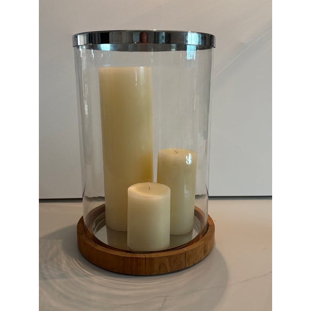 Arteriors Home Gorgeous Retired Arteriors Home Milena Glass Hurricane With Wood Base & Polished Stainless Accents For Sale - Image 4 of 10