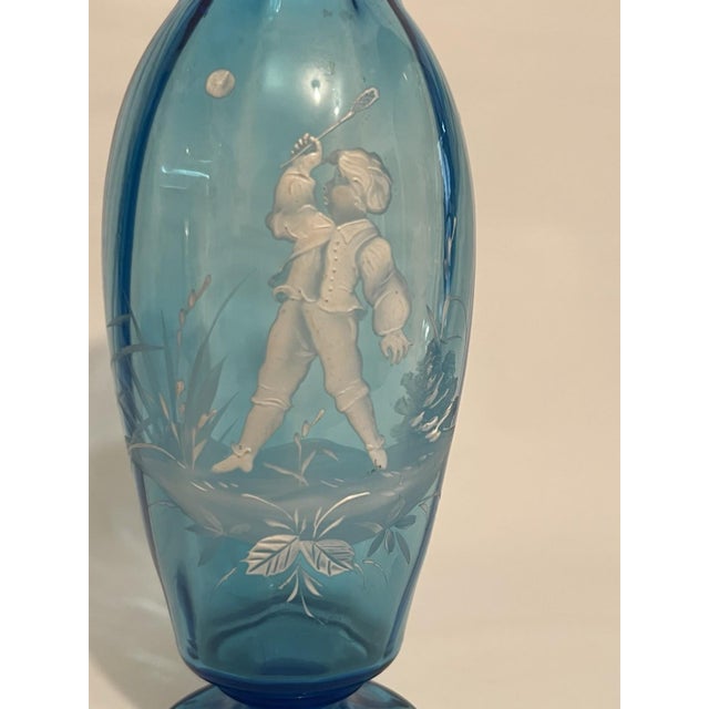 Late 19th Century Blue Glass Vase, White Enamel, Child Boy Playing, Mary Gregroy, Hand Painted, Antique Victorian For Sale - Image 5 of 9