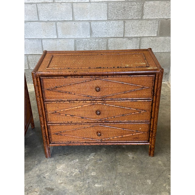 1980s Vintage British Colonial Style Burnt Bamboo and Rattan Chests / Dressers- A Pair For Sale In Philadelphia - Image 6 of 12