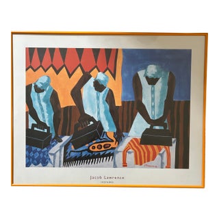 Jacob Lawrence Framed Exhibition Poster "Ironers" – Custom Pop-Art Orange Gallery Frame For Sale