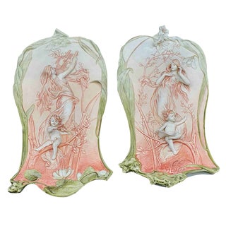 Art Nouveau Bas Relief Biscuit Plates by A Mucha, Set of 2 For Sale
