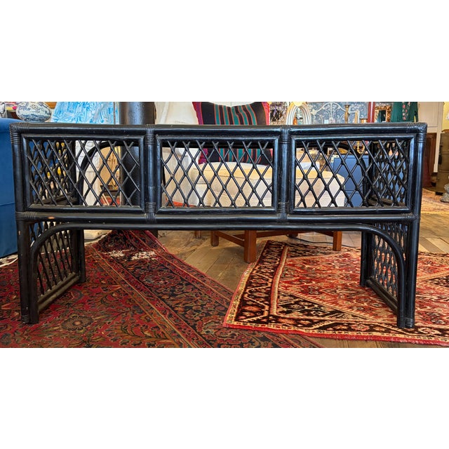 Wood 1980s Black Painted Rattan Console Table or Desk With Glass Top Inserts For Sale - Image 7 of 9