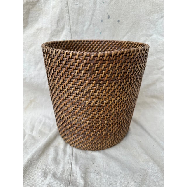 Pottery Barn Woven Rattan Waste Basket For Sale - Image 4 of 4