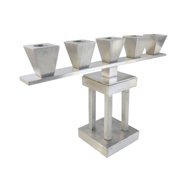 Mid 20th Century Vintage Art Deco Brushed Aluminum 5-Light Candle Holders - a Pair For Sale - Image 5 of 12