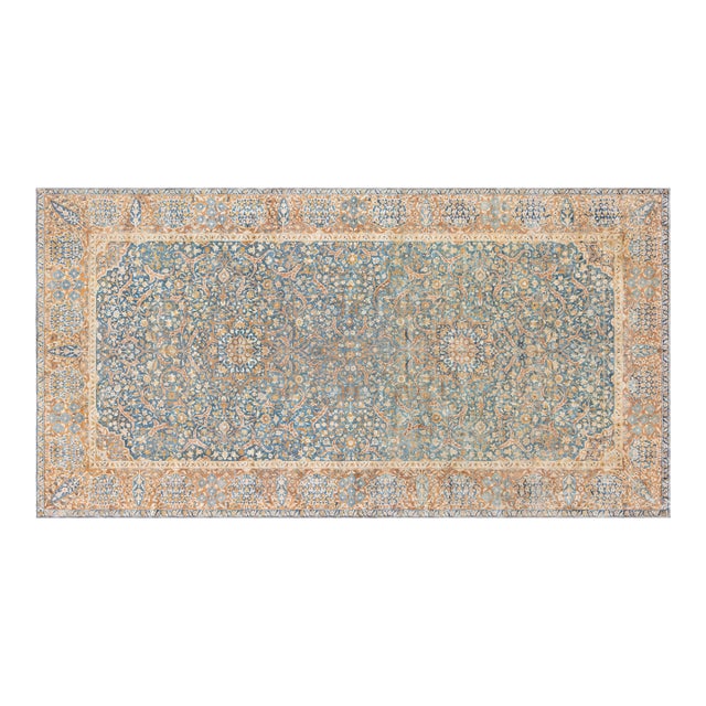 Authentic Persian Kirman Green Blue Brown Handmade Wool Rug For Sale