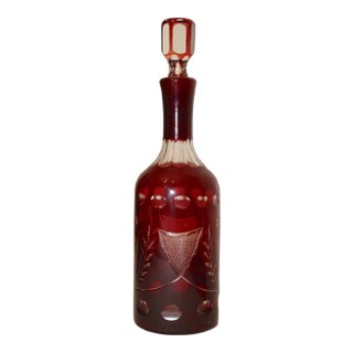 Large Antique Red Cut to Clear Czech Bohemian Crystal Glass Decanter Bottle For Sale