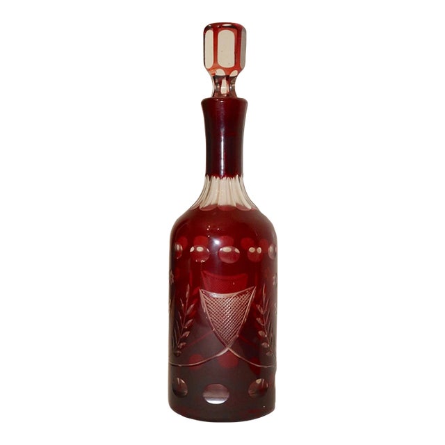 Large Antique Red Cut to Clear Czech Bohemian Crystal Glass Decanter Bottle For Sale