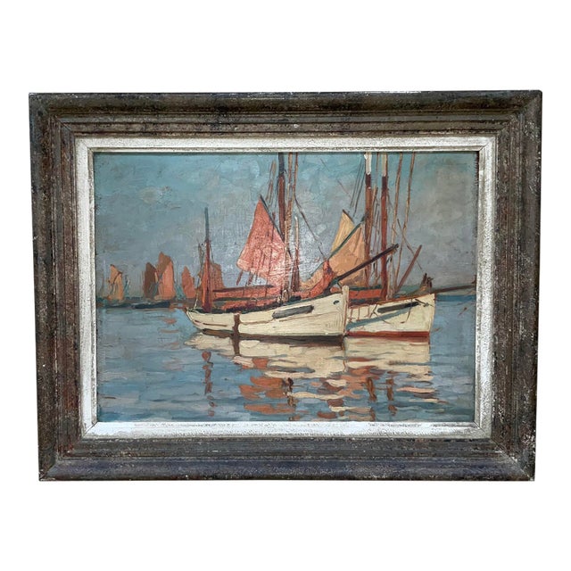 Vintage French Impressionist Harbor Scene Oil Painting, Lucien Lefebvre-Foinet Frame For Sale