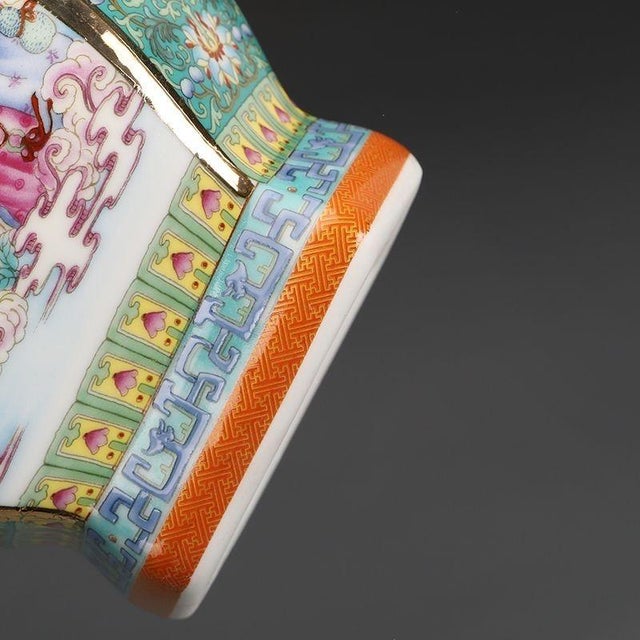 Mid 20th Century Famille Rose Hexagonal Porcelain Vase, Chinese Enameled Figural Scene Vase For Sale - Image 9 of 9
