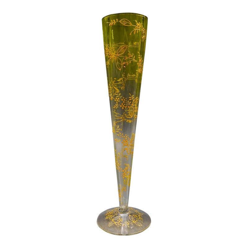 Mid 20th Century Bohemian Moser Type Floral Gold Gilt Optic Molded Art Glass Trumpet Vase