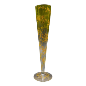 Mid 20th Century Bohemian Moser Type Floral Gold Gilt Optic Molded Art Glass Trumpet Vase