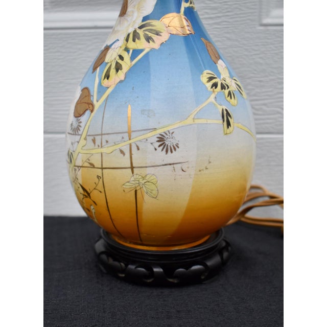Antique Japanese Satsuma Vase Lamp Meiji Painted Porcelain Gold Bird Flower For Sale - Image 10 of 17