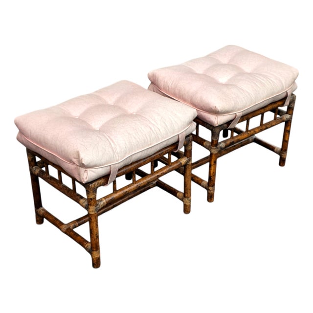 Pair of Mid-Century Hollywood Regency Faux Bamboo Benches With Tufted Cushions For Sale