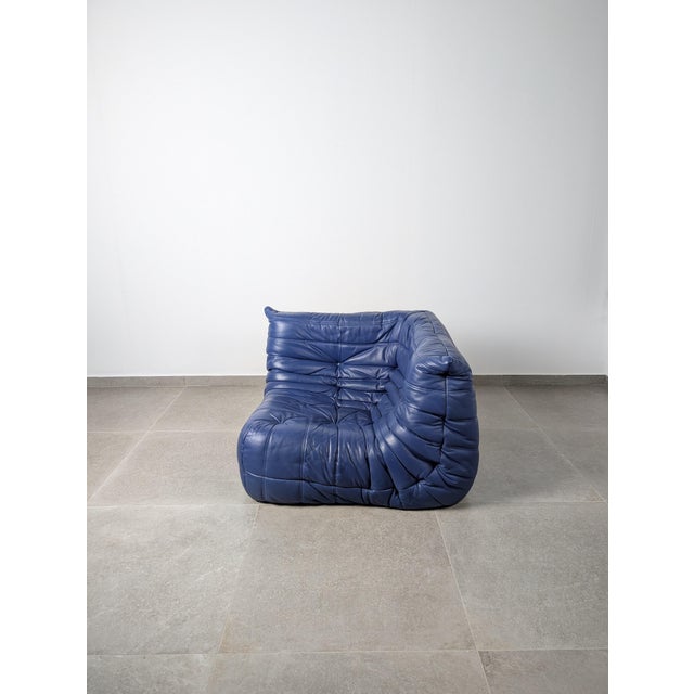 Animal Skin Vintage Togo Corner Sofa in French Blue Leather by Michel Ducaroy for Ligne Roset, 1980s For Sale - Image 7 of 16
